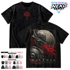 Neko Gear Men's Aesthetic Washed Graphic T-Shirt - Elden Ring Malenia Design, Ribbed Garment Breathable Fabric, Dark Fantasy Gaming Streetwear Oversized Menswear Top