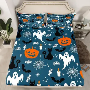 Halloween Decorations Sheet Set Twin Queen Size Bat Pumpkin Bedding Set Ghost Festival Themed Fitted Sheet Vintage Blue Bed Sheet Set,No Top Sheet