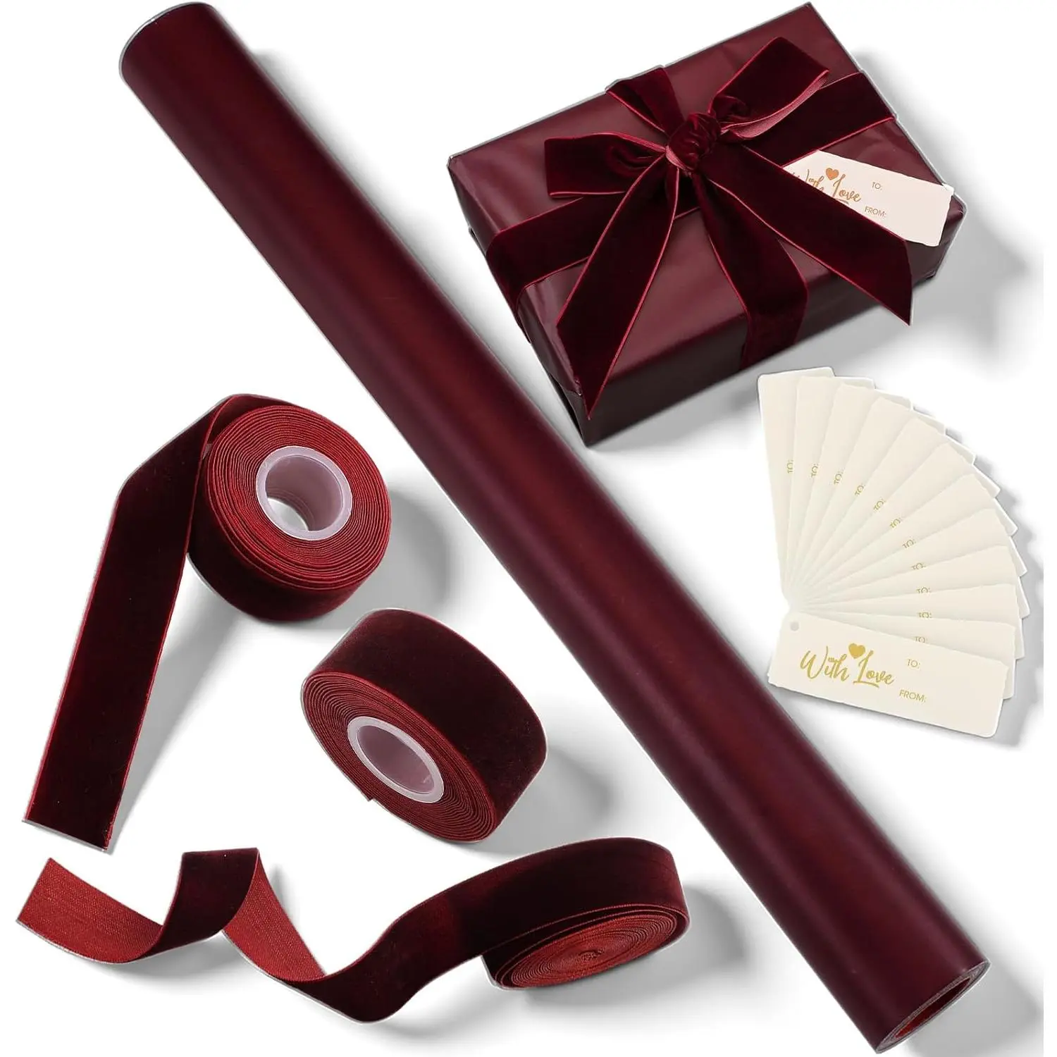 Ctosree Matte Burgundy Kraft Wrapping Paper 32.81 ft with 45 ft Velvet Ribbon 12 Gift Tags Solid Color Gift Wrapping Paper Roll for Graduation Mother’s Father's Day Wedding Birthday Gifts