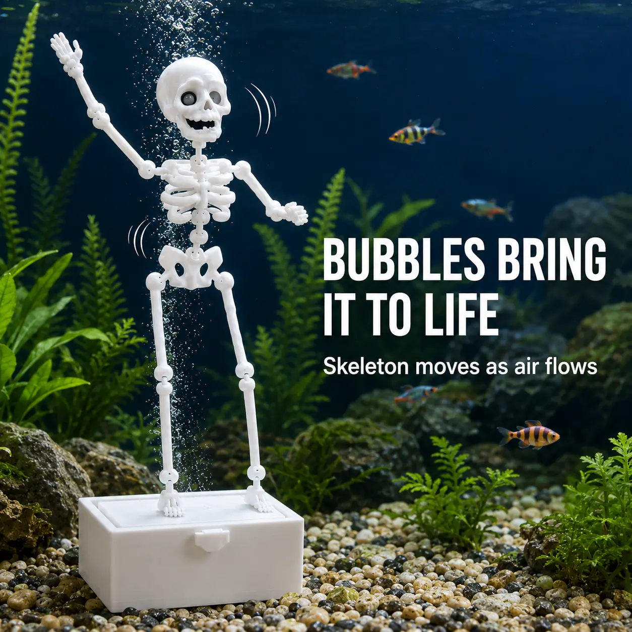 3D-Printed Aquarium Dancing Skeleton Ornament with Suction Cup Base and Air Tube, Bubble-Activated Fish Tank Decoration, Halloween Aquarium Decoration
