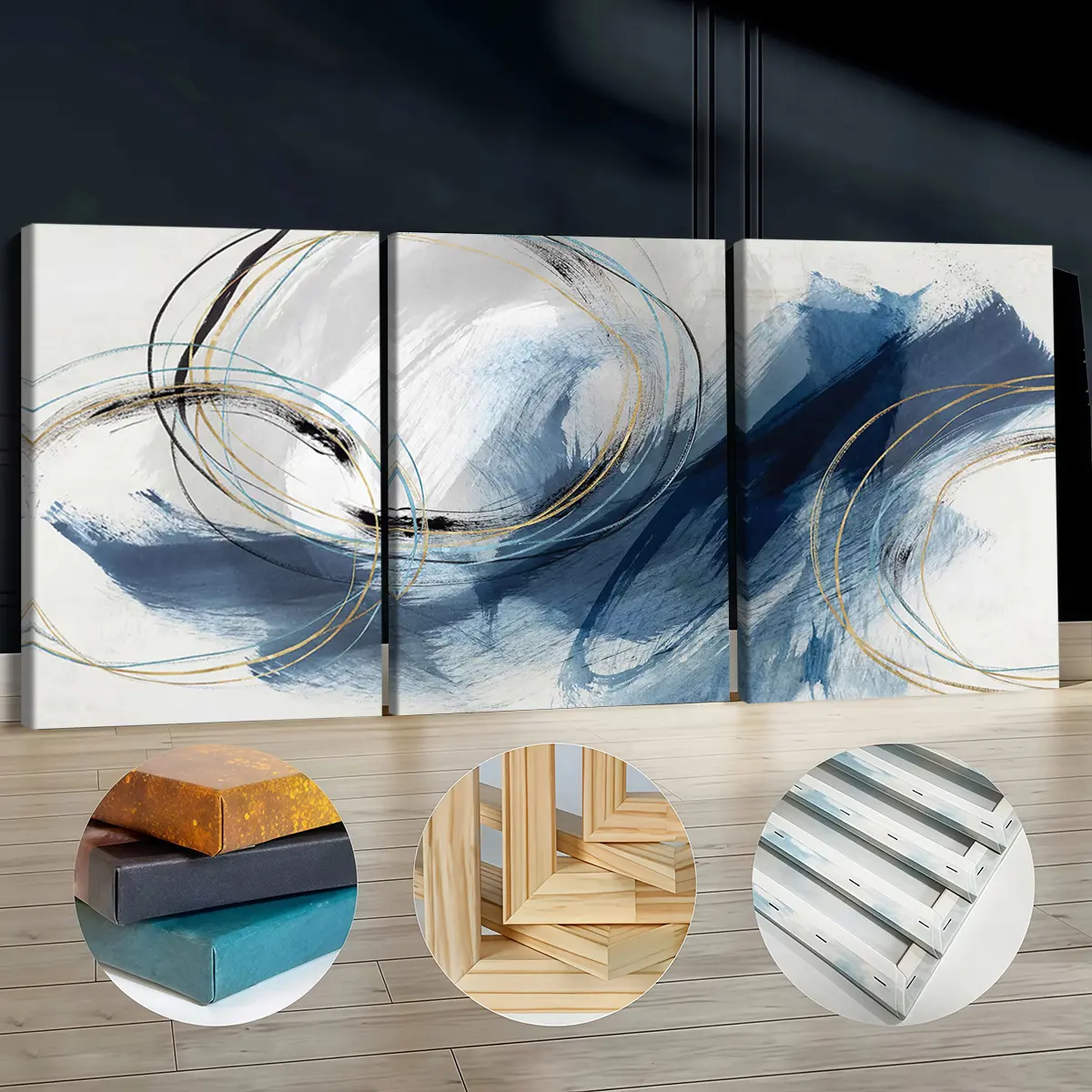 3Pcs Artistic Wooden-Framed Canvas Prints - Modern Abstract Design Blue & Gold Circle Brushstrokes Painting, Waterproof Odorless Elegant Artwork, Aesthetic Design Gold Decor for Living Room Bedroom Home Supplies Posters, Decoration, Kid Room