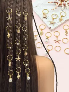 16pcs Luxury Beach Element Hair Rings, Starfish, Conch, Shells & Pearls, Adjustable Alloy Hair Cuffs, Coastal Boho Jewelry for Dreadlocks