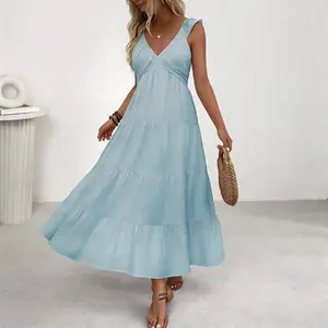 Cross-border foreign trade summer hot selling new solid color sleeveless V-neck ruffled dress long skirt female