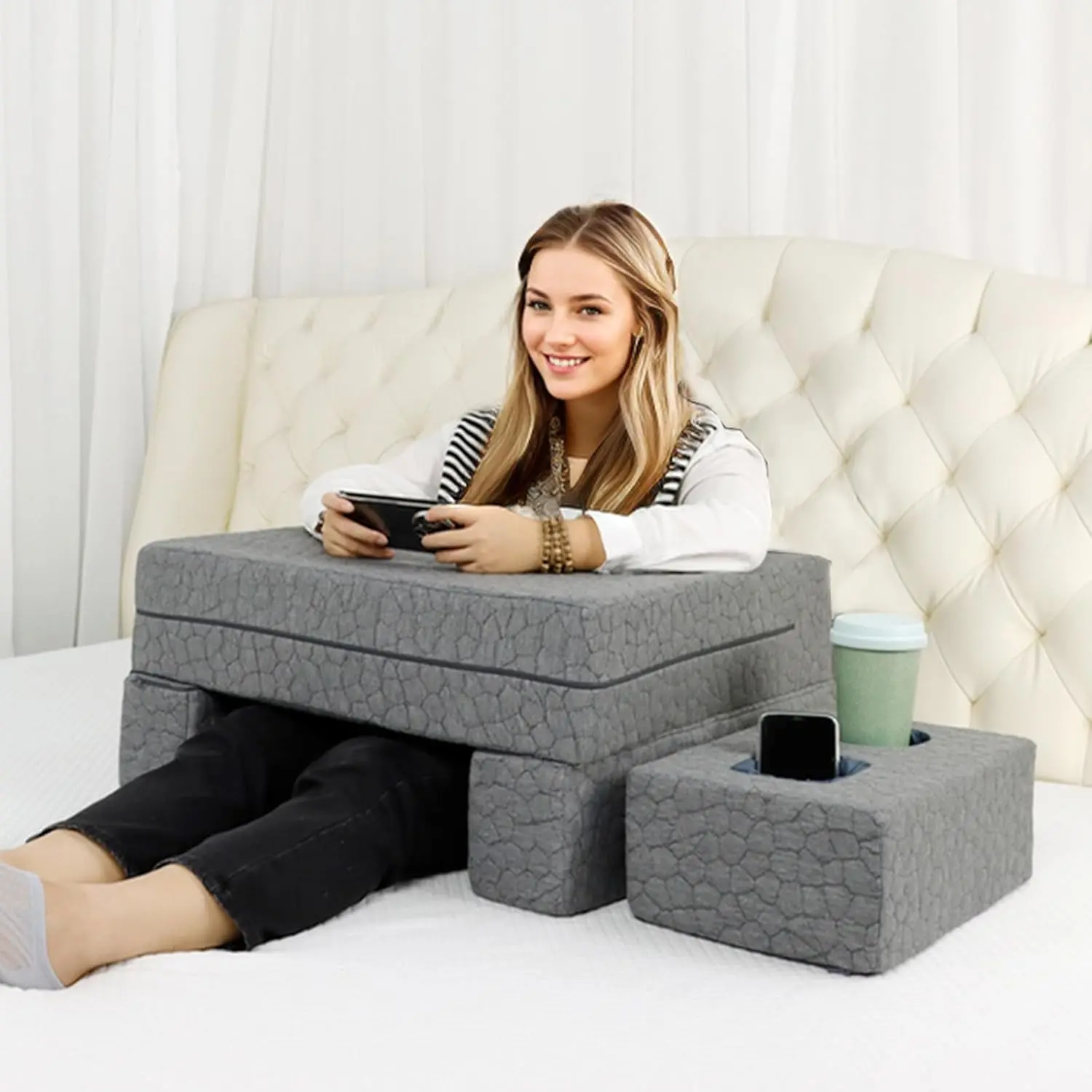 Extra Large Reading & Gaming Pillow with Coaster - Adjustable Lap Desk for Reading, Gaming, Working & Writing, Arm Rest for Adults on Bed/Sofa/Floor/Couch, Ideal for  Gaming