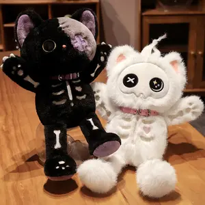 Halloween Skeleton Cat Plush Toy,Creepy Goth Black Kitten Stuffed Crazy Kitty Dolls,Dreadful Kitty Cat Plushie Kitten Gifts,Cuddly Stuffed Animal