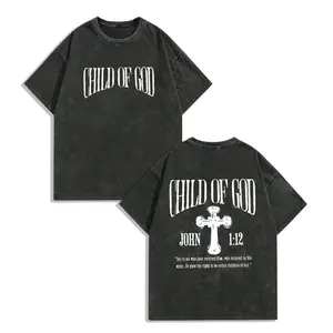 180g[100%cotton]Child Of God God Blesses You Classic Retro Fashion Street Cross Jesus Popular Letter Pattern Print 230g Washed Cotton T-Shirt Men's Summer High-Quality Vintage Casual Round Neck