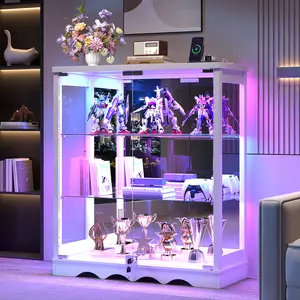 Dystler RGB Display Cabinet with Glass Doors - 39’‘ Tall Curio Cabinet with Lock & Adjustable Shelves, 3-Tier Display Case with Lights, for Collectibles/Figure/Helmet/Football