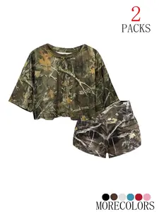 Women's Camo Comfortable Home Set, Fashion Retro Style, Suitable for Daily Fitness, Running, Yoga, Hiking, Vacation, Beach, Quick-Dry Breathable Short Sleeve + Shorts