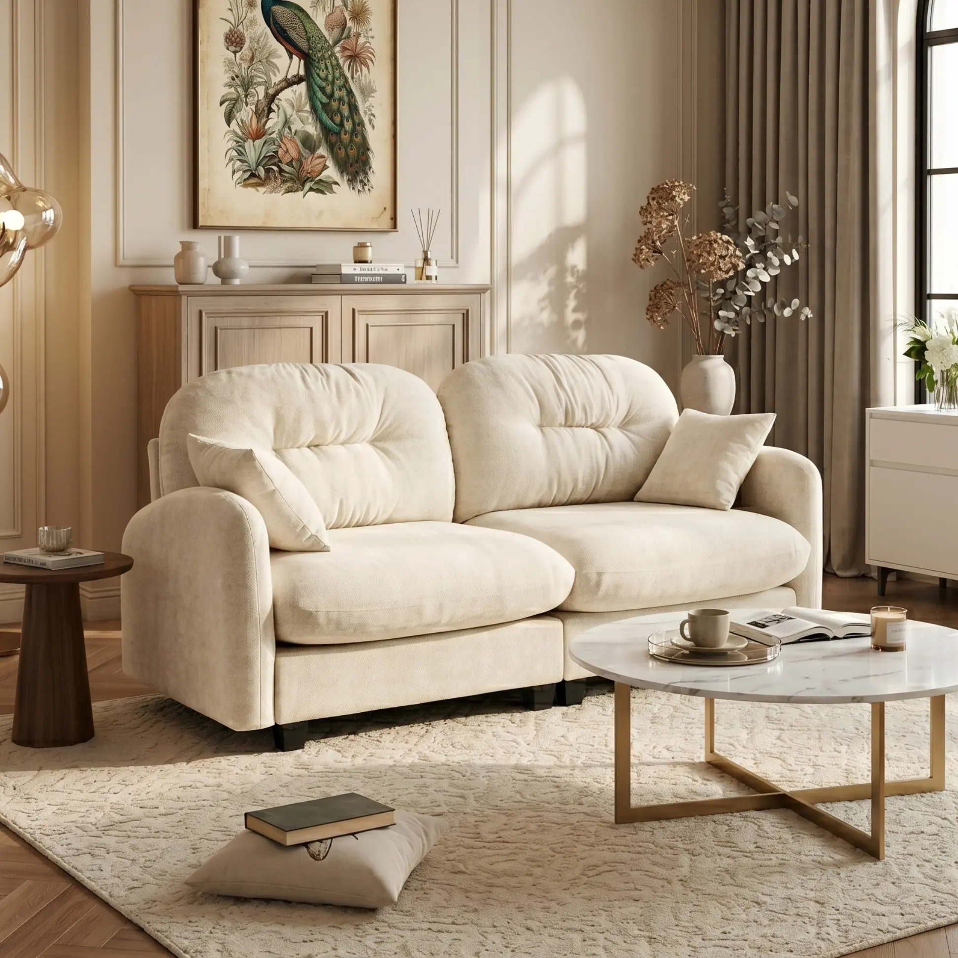 Eyisean 74 inches Minimalist Oversized Chenille Loveseat Sofa - Fixed-Arm Sleeper, Tufted Pleated Backrest, Durable Cushion, High-Density Foam Deep Seat, Extendable Design, Throw Pillows, Easy Assembly Required for Living Room, Fixed Arms