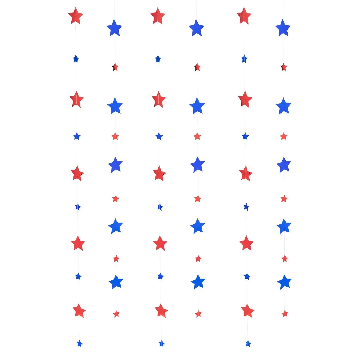 Blue & Red Patriotic Strings of Stars Hanging Foil Decorations – 7 ft., 12 Pcs