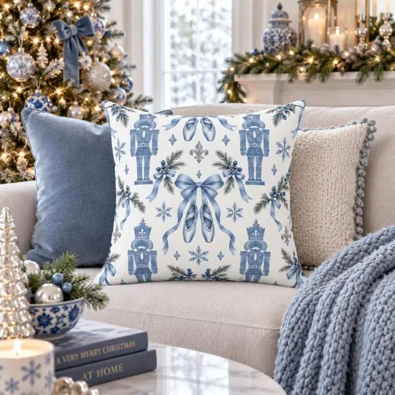1pc Holiday Nutcracker Decorative Throw Pillow - Classic Christmas Dancer Inspired Decor 18 X 18 Inch Winter Holiday Pattern Linen Pillow With LinenPillow Insert For Sofa Couch - Christmas Item, Christmas Decor