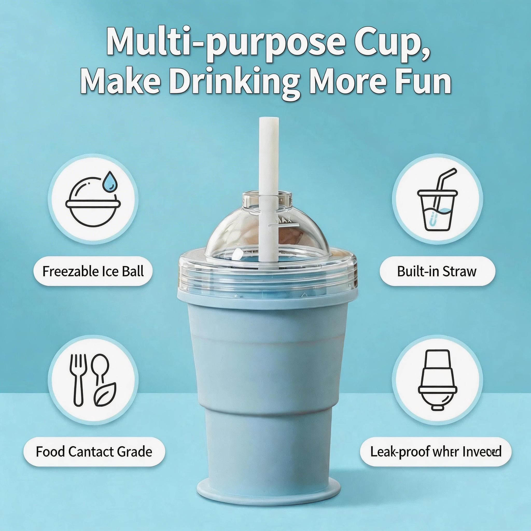 Portable Foldable Ice Ball Cup with Straw – Silicone, Food-Grade Ice Maker Mold, Summer On-the-Go Tumbler