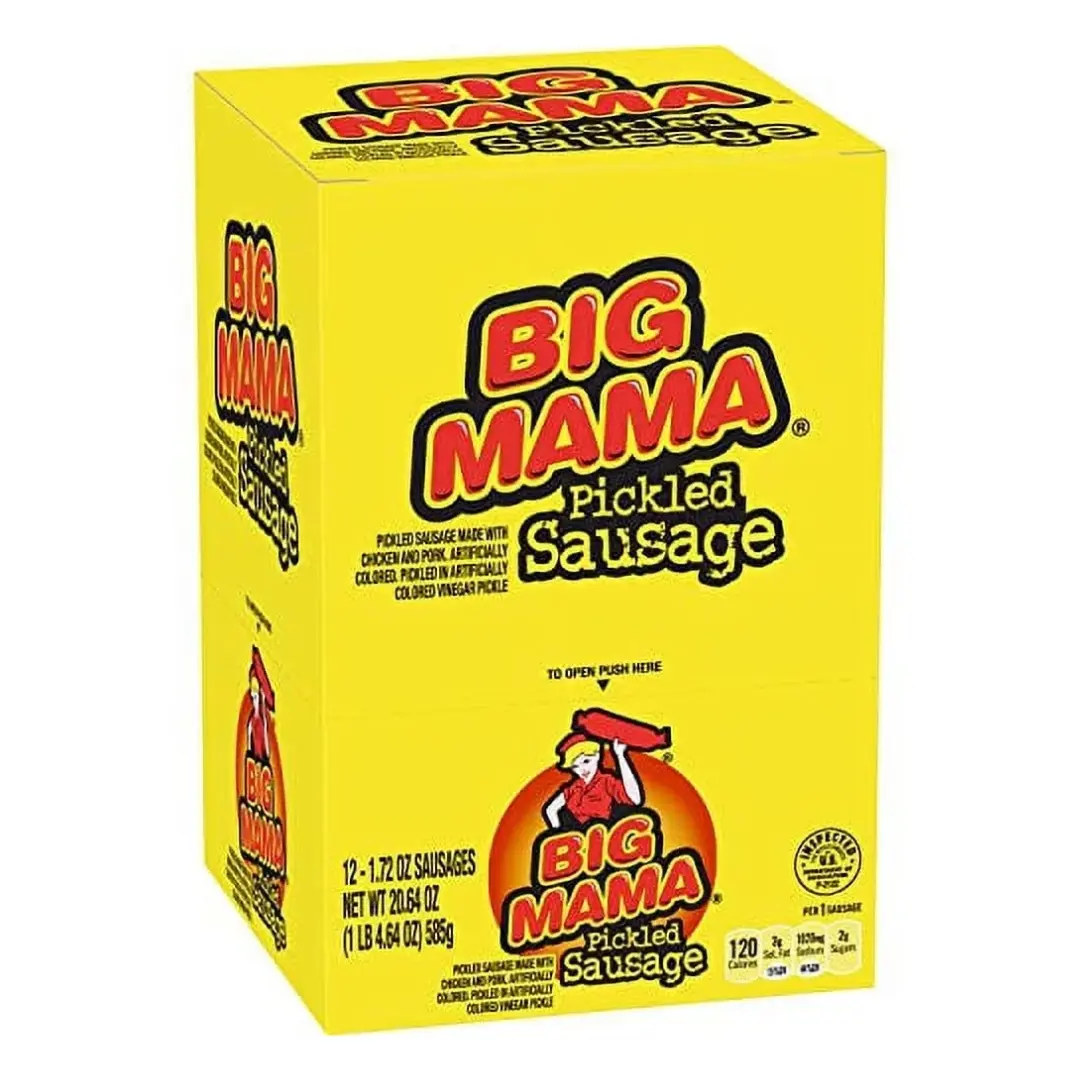 Big Mama Pickled Sausages 12-Pack (2.4 oz Each) - Chicken & Pork Flavored Meaty Ready-to-Eat Dried Snack Meal, Easy-to-Serve Food