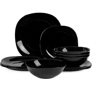 Square Dinnerware Sets for 4, 12 count Opal Glass Plates and Bowls Set, Dishwasher and Microwave Safe Dish Dinning Ware Set, Chip and Scratch Resistant Dishware Sets Black