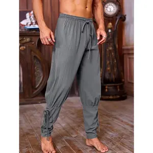 [Medieval Polyester Machine Washable Pants] Men's Viking Renaissance-Inspired Casual Pants with Conical Belt - Medieval Ankle Length, Polyester, Machine Washable