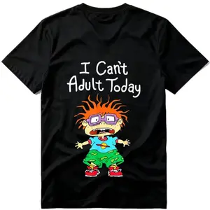 "I Can't Adult Today" Rugrats Cartoon American Retro Black Short-Sleeved Unisex T-Shirt, Nostalgic 90s Character Graphic, Casual Streetwear for Cartoon & Meme Enthusiasts, Unique Quirky Pop Culture Fashion Statement Piece Game funny crewneck menswear Fabr