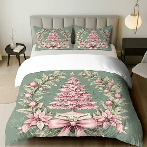 3PCS Duvet Cover Set, 1 Duvet+2 Pillowcases(Without filler), Vintage Christmas Tree Pink Ribbon Festive Elegant theme, Christmas bedding set, Pink Christmas Bedding Suitable for decoration Bedroom Guestroom Hotel Living Room.