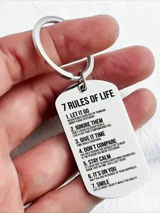 1 piece of stainless steel dog tag keychain, on which is engraved the inspirational motto "7 Rules of Life". It reminds oneself every day to follow the rules on it to become an excellent self. Double engraved tag