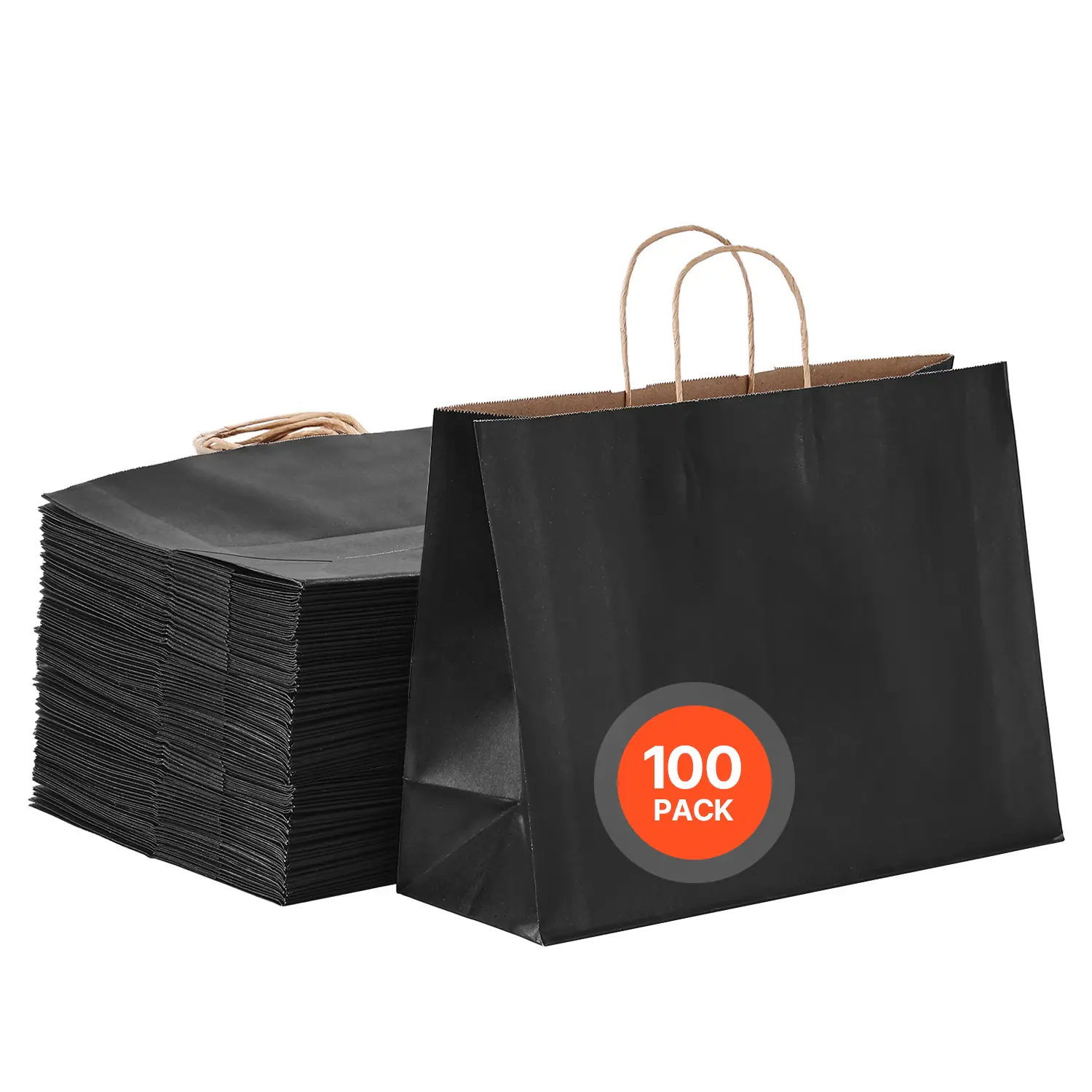VEVOR Kraft Paper Bags with Handles, 100Pcs 16 x 6 x 12 in, Large Paper Grocery Bags, Reusable & 100% Recycled Take-Out Sacks, Plain Party Bag Bulk for Birthday, Wedding, Business, Goody, Black