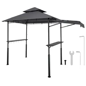 8 X 5 Foot BBQ Grill Gazebo Canopy Shelter Tent With Shelving And Built-In Awning, Double-Tiered Roof, Weather-Resistant UV Protective Cover, Easy Assembly, Sturdy Steel Frame, Portable Outdoor Shade For Patio, Backyard, Garden