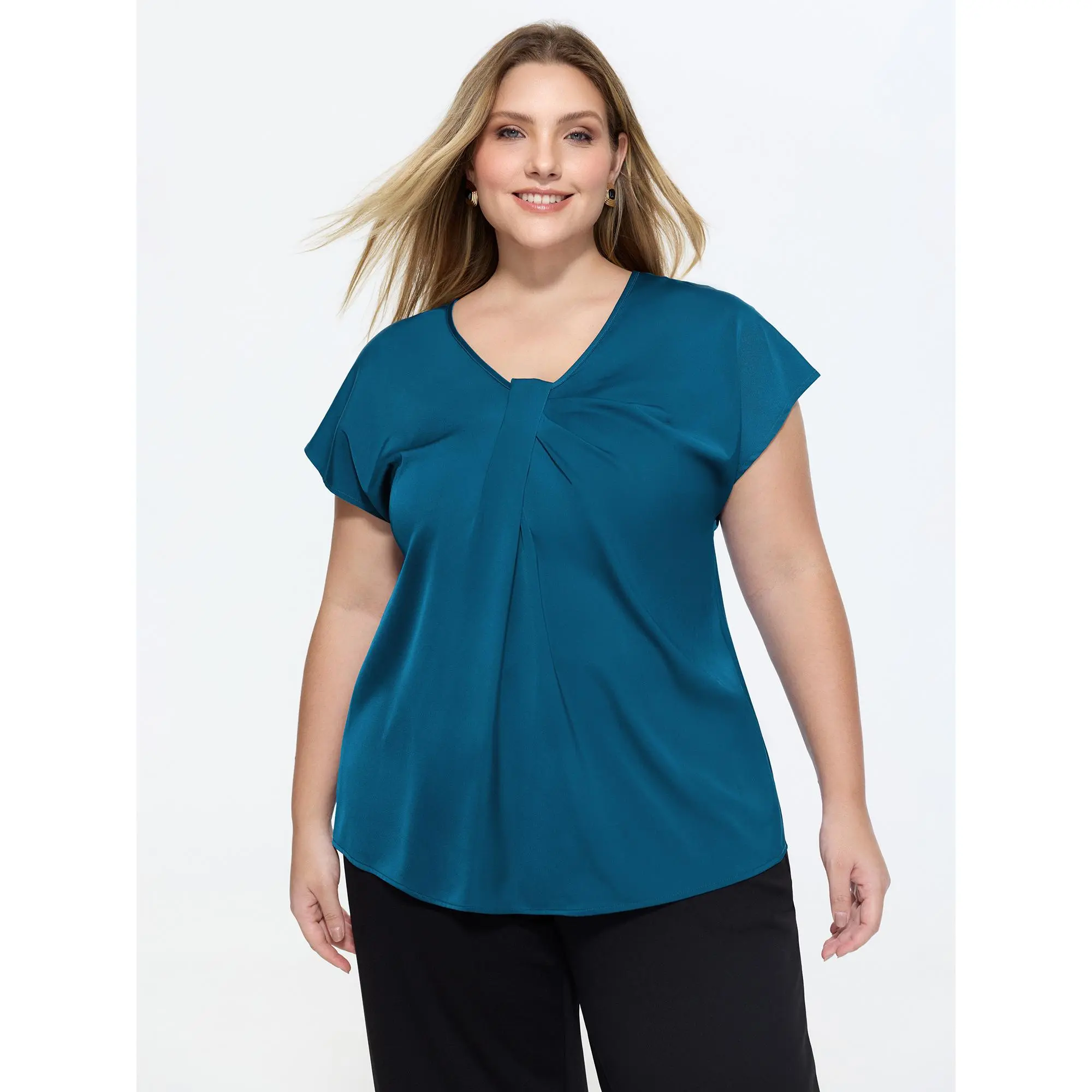 BloomChic Women's Plus Size Solid Dolman Sleeve Blouse - Elastane-Polyester Fabric Shirt, Twist Knot Front, Business Casual Office OOTD Tops for Work