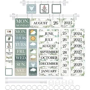 96 Cards Classroom Bulletin Board Decorations Set for Teachers Flip Calendar with Holder Adjustable Calendar Preschool Elementary Home Decor Supplies (Greenery)