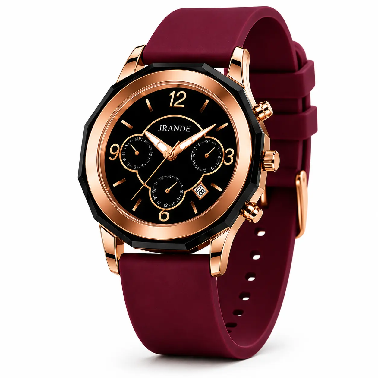 Women’s 42mm Octagonal Quartz Watch, Rose Gold & Black Multi-Dial, Burgundy Silicone Strap, Luminous, 30M Water Resistant, Gift for Her