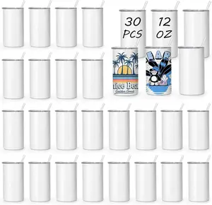 30pcs 12oz sublimation kids tumblers blanks Stainless Steel Straight Skinny Tumblers with Lid Straw Insulated Cups DIY Gift for Children and Family