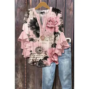 Plus Size - Plus-Size Women'S Elegant Shirt - a Loose, Non-Stretch Top with a Blue-Green Ruffled Sleeve And V-Neck, Machine Washable for Casual Holiday Wear,Womenswear Blouse Polyester Cotton Spring Fabric