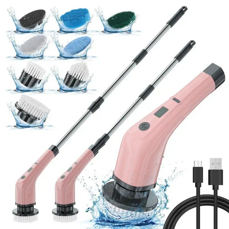 Cordless Electric Spin Scrubber with Long Handle, 8 Replaceable Brush Heads, IPX7 Waterproof Shower Cleaning Brush, 2-Speed Power Scrubber for Bathroom, Tile, Floor, Kitchen & Car Cleaning