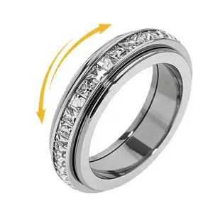 Anxiety Rings for Women and MenTitanium Steel Spinner Fidget Band Rings withCubic Zirconia for Stress Relief and WeddingPromise Comfort Fit Size 6 to 12