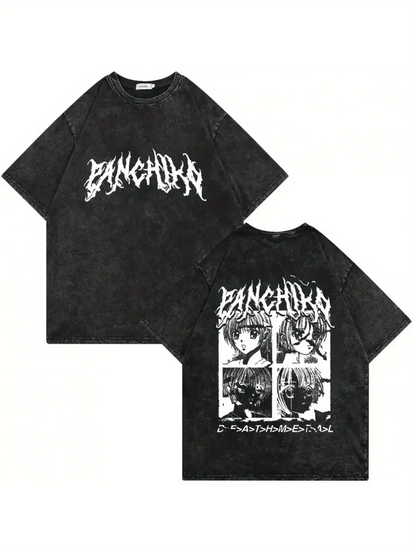 Panchiko Indie Rock Graphic Tee, Vintage Acid Wash Tee, Anime OOTD show Deathmetal D3ATHMETAL Back Print Top, Y2K Grunge Harajuku Streetwear T-Shirt for Men Women