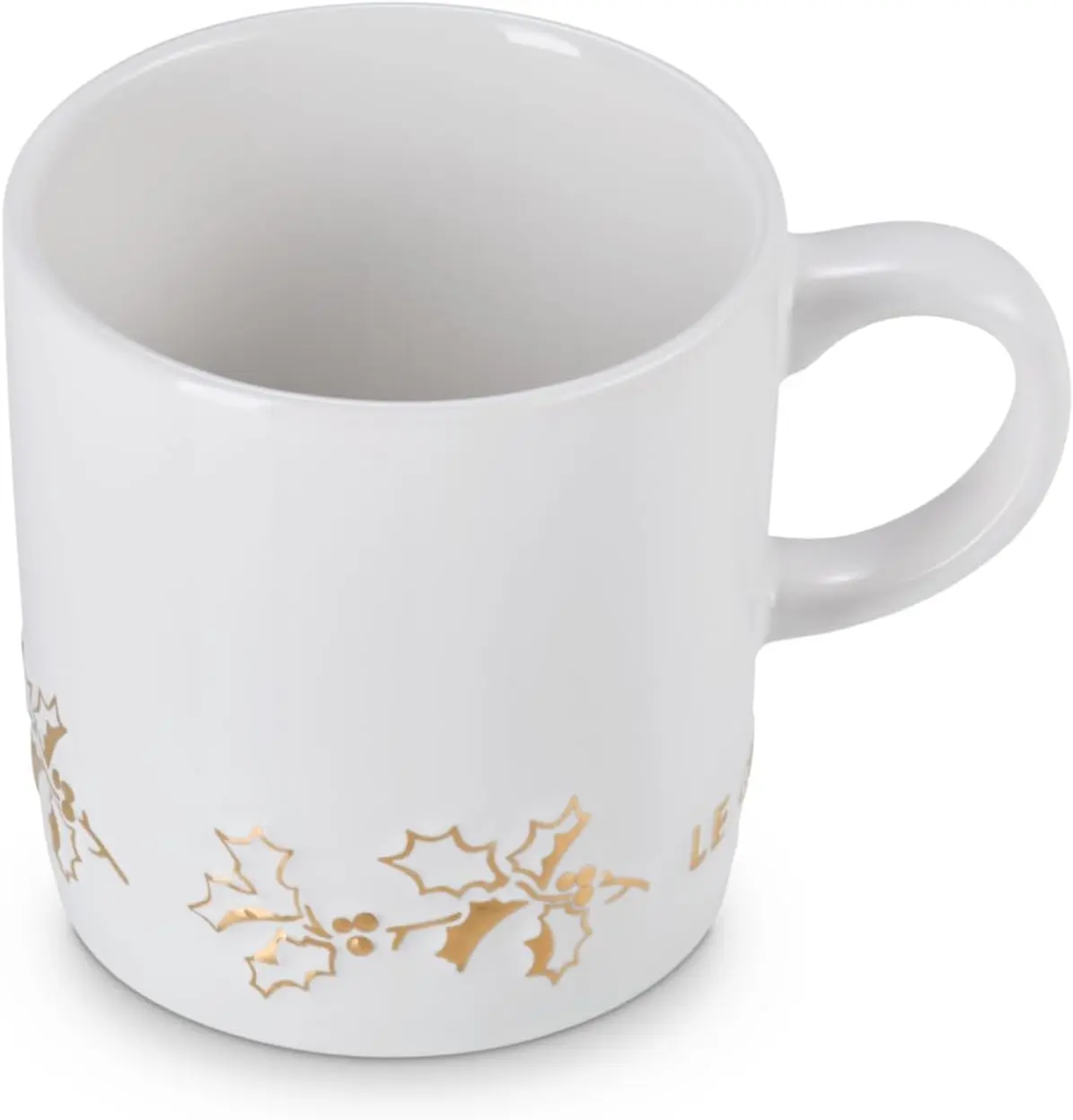 Le Creuset Stoneware Holly Collection London Mug, 12 oz., White with Gold Relief Gold