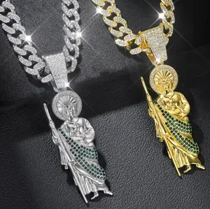 Fashion Viral Saint Judas Cuban Chunky Chain| 14K Gold Plated Hip Hop Religious Diamond Pendant|  Holy Jewelry Find| Spiritual Gift for Faith & Blessings ,Party, DailyClothing Decor, Trendy All-match & Exquisite Jewelry for Birthday Gift