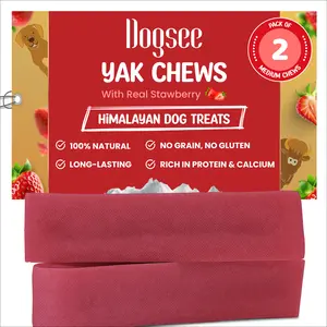 Dogsee Strawberry Flavor Himalayan Yak Cheese Dental Chews for Dogs (Medium - 2 Chews) 60% Protein, Healthy Skin & Coat No Grain, No Gluten Odorless Dog Treats