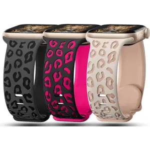 *WBA-039XLL 3 Pack Leopard Engraved Bands Compatible with Apple Watch Band 41mm 40mm 38mm 42mm 44mm 45mm 46mm 49mm Women, Soft Silicone Cheetah Embossed Sport Strap for iWatch Series 10 9 8 7 6 5 4 3 2 1 Ultra