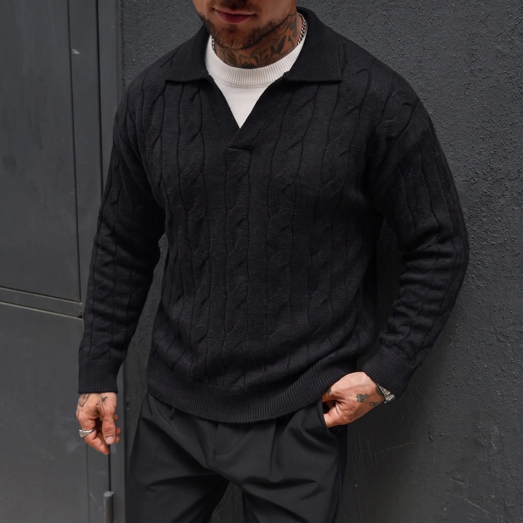 Men’s layered design sweater polo-collar loose casual slim-fit T-shirt with a faux two-piece sweater look; menswear; suitable for everyday wear, commuting, and streetwear. pullover top