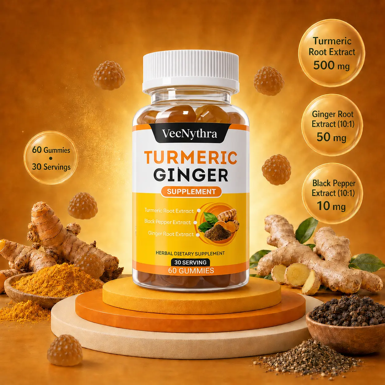 VecNythra Turmeric Ginger Gummies with Black Pepper Extract | 500 mg Turmeric Root Extract per Serving | 60 Count | Herbal Dietary Supplement