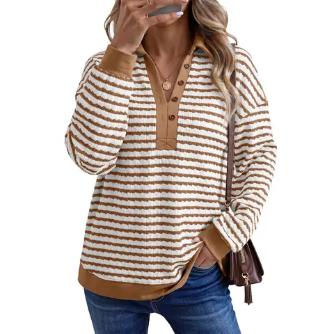 Dokotoo Women's Casual Long Sleeve Match Slub Knit and Stripes Top