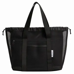 MAENER Mesh Tote Bag with Pockets and Drawstring Closure Beige Black Color Ideal for Everyday Use Versatile and Practical outdoorfun