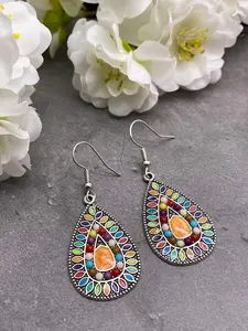 Tear Drop Shaped Patterned Multi-Colour Enamel Charm Bead Earrings in Antique Silver Look : 50mm long, Boho Ethnic Drop Earrings for Women, Dangle Earrings, Bohemian Jewellery