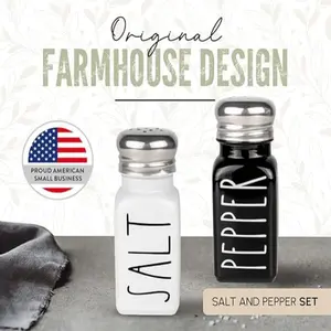 Salt and Pepper Shakers Set by Brighter Barns - Cute Modern Farmhouse Kitchen Decor for Home Restaurants Wedding - Gorgeous Vintage Glass Black White Shaker Sets with Stainless Steel Lids Kitchenware , KitchenLife , HomeandKitchen, CookingTips , Gadgets