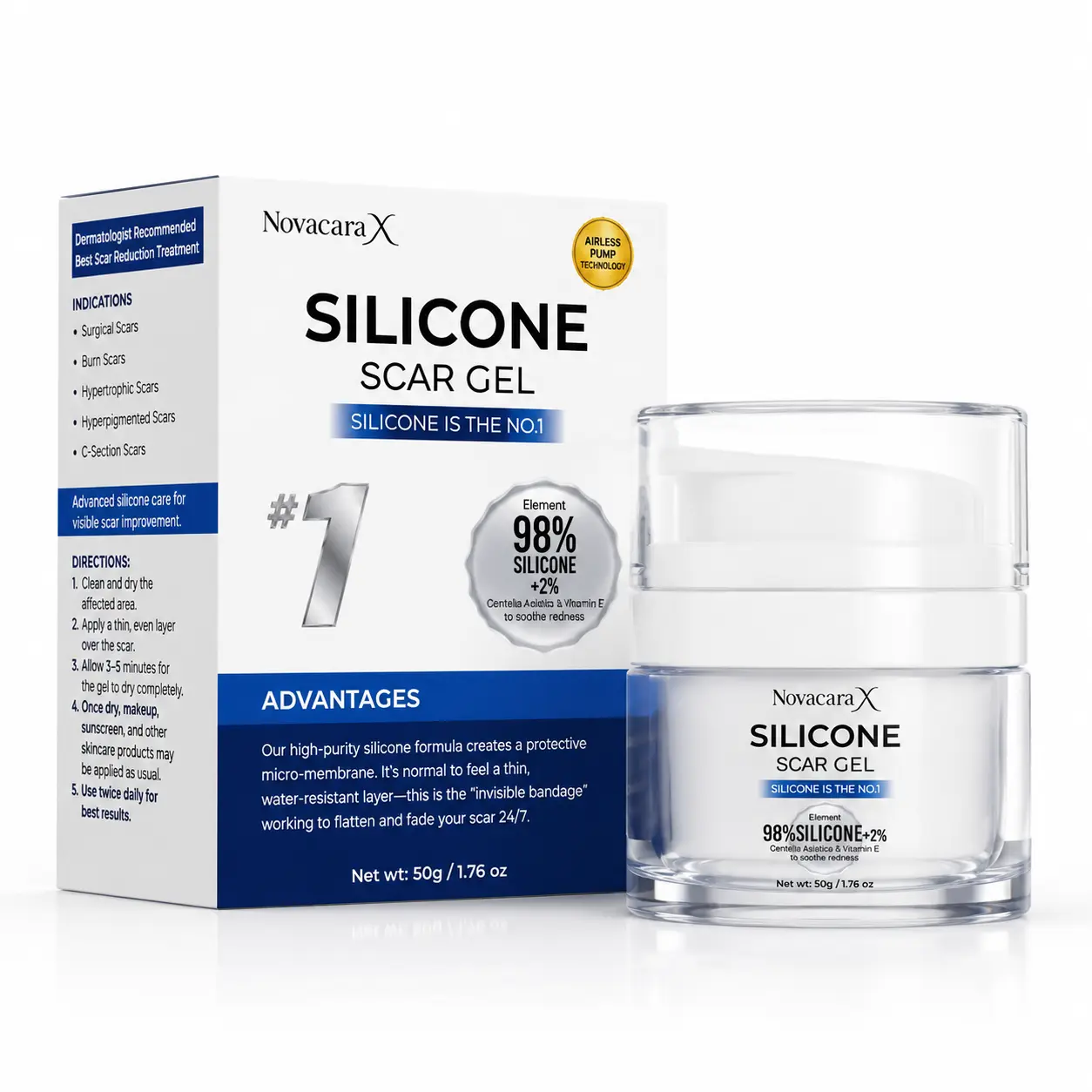 NovacaraX 98% Silicone Scar Cream, Scar Removal Gel for C-Section & Stretch Marks, Skin Smoothing Body Moisturizer for Acne Marks, Scar Removal Gels