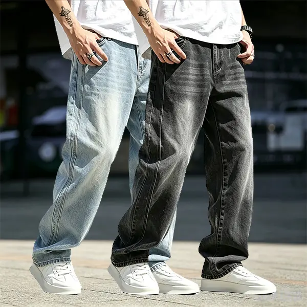 Men’s vintage washed jeans, straight-leg fit, trendy high-street style, loose casual denim pants, American street style, versatile long pants