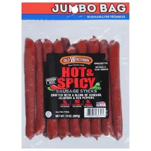 Wisconsin Hot Spicy Twisted Link Sausage Snack Sticks, 14oz Resealable Package, Naturally Smoked, Ready to Eat, High Protein, Low Carb, Keto, Gluten Free