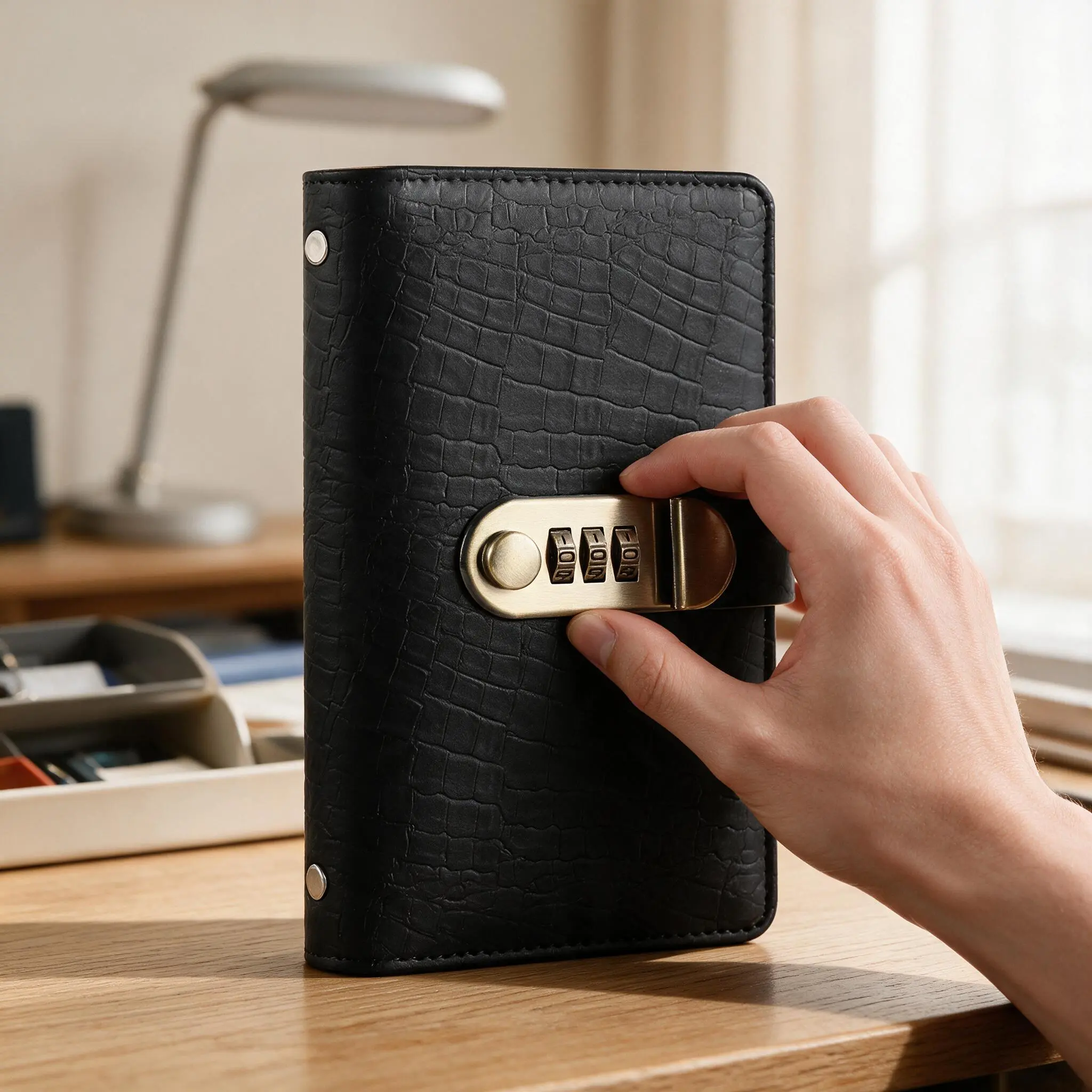 Men's Croc-Embossed PU Leather Password Lock Cash Organizer - Large-Capacity Wallet, Secure Secret Holder for Household Budget Savings, 3 Colors Available