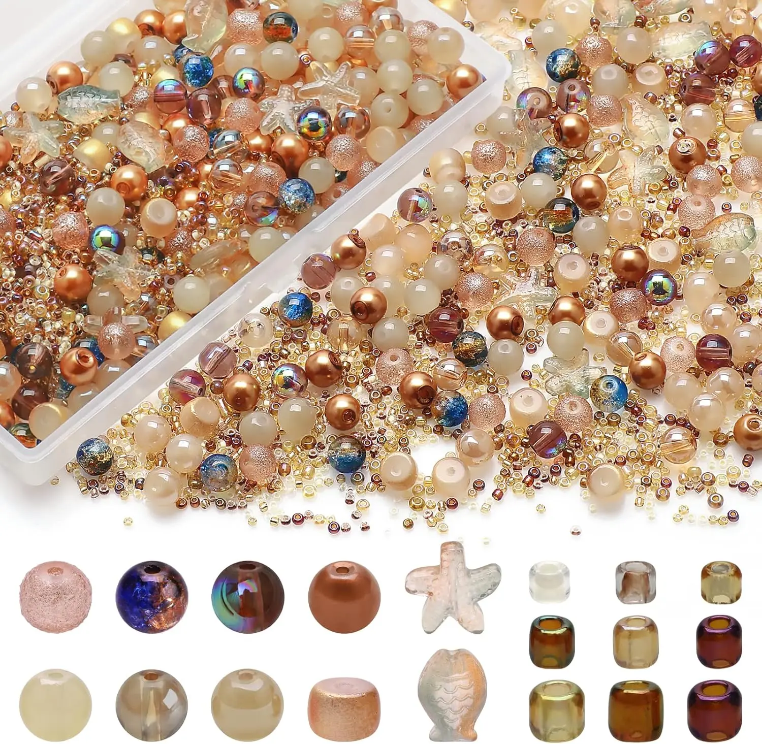 760 count Mixed Glass Beads for  Making, 8MM Brown Assorted Round Beads, Bracelet Making Kit Including  Starfish  Beads and Seed Beads