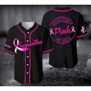 Custom Name Breast Cancer In October We Wear Pink Baseball Jersey Baseball Jersey Shirt Summer Shirt Gift For Him Gift For Her Father Gift Mother