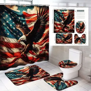 1/4pcs 4-Piece Bathroom Set, Bathroom Supplies, Patriotic Bald Eagle & American Flag Shower Curtain + Toilet Lid Cover + 2 Bath Mats - Red White Blue Striped Stars, Windy Flag Design - Perfect for US Independence Day, Memorial Day Decor