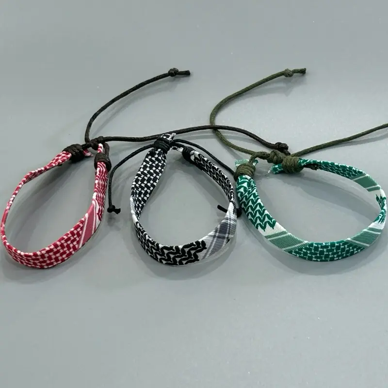 Keffiyeh Cord Bracelet - Adjustable Keffiyeh Bands in Red Black & Green Patterns. High Quality Palestinian Jewelry & Accessories – Palestine Necklaces for Women, Men & Girls Rings, Palestine Flag, Tatreez, Keffiyeh Kufiya, Watermelon Charms & Calligraphy